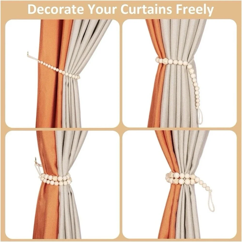Wood Bead Curtain Tiebacks,  Set of 2 Curtain Holdbacks for Thin or Thick Window